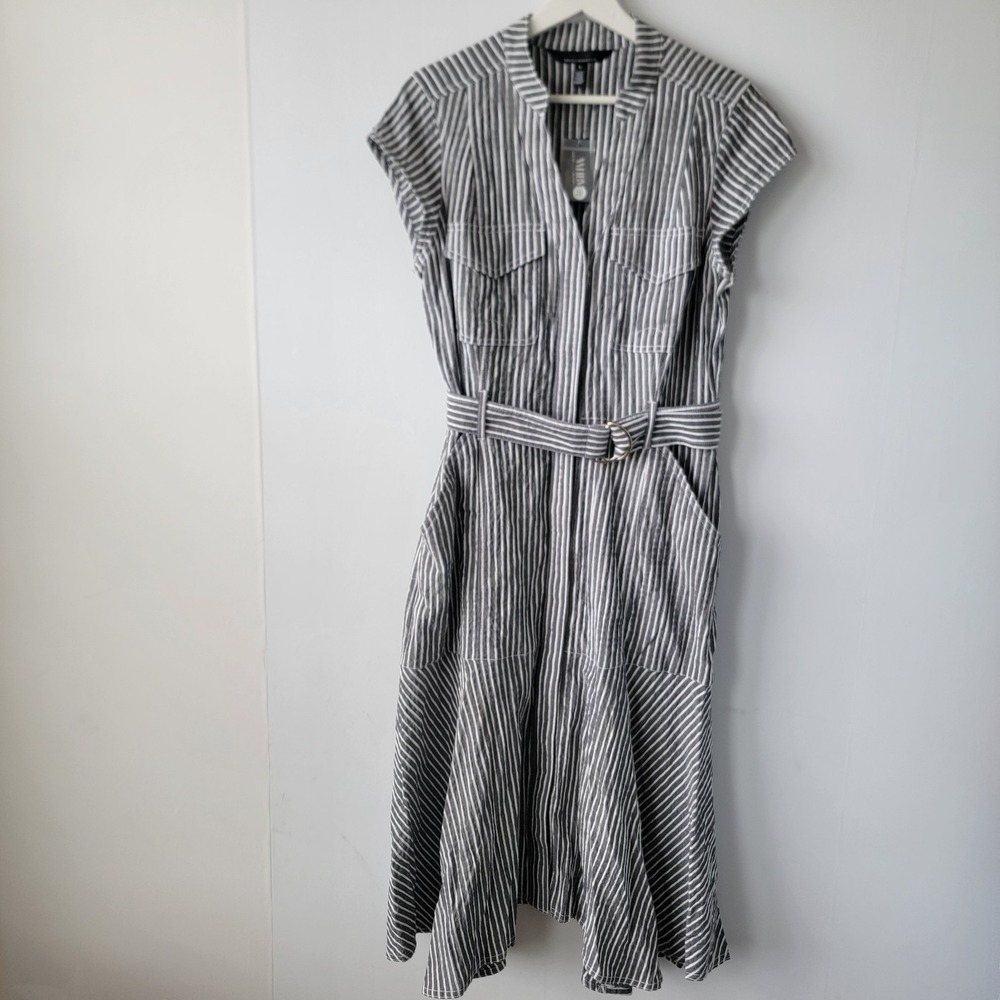 WHBM women's striped utility midi dress size 8 belt Fit Flare pockets v-neck